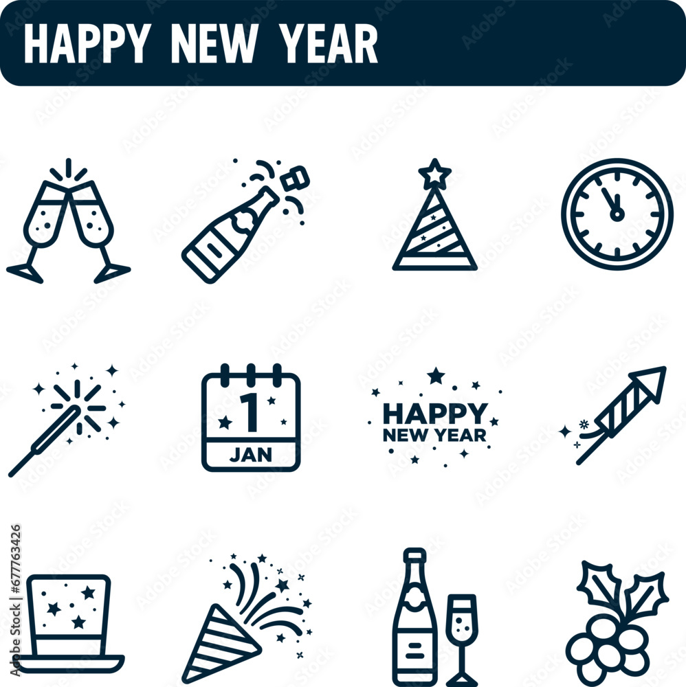 New Year icons. New Year's Eve vector set. Outline icon design. Happy new year