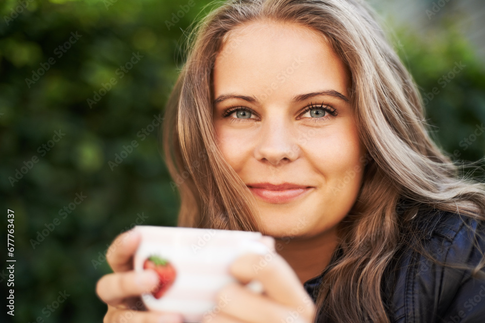 Happy woman, portrait and coffee cup to drink, espresso or latte outdoor in backyard. Cafe, restaurant and smile with tea, mug and relax at brunch in summer with freedom, peace or calm morning Happy woman, portrait and coffee cup to drink, espresso or latte outdoor in backyard. Cafe, restaurant and smile with tea, mug and relax at brunch in summer with freedom, peace or calm morning