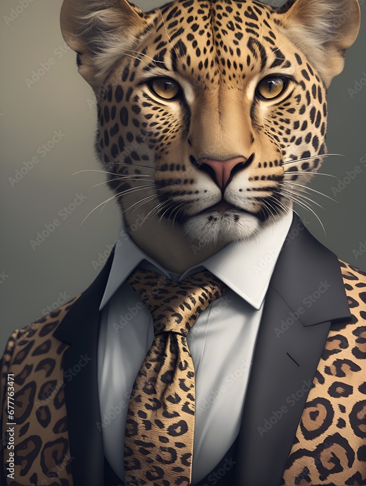 Leopard was dressed elegantly in a suit with a good tie. Fashion image of a feline anthropomorphic animal posing with a captivating human demeanor. Leopard was dressed elegantly in a suit with a good tie. Fashion image of a feline anthropomorphic animal posing with a captivating human demeanor.