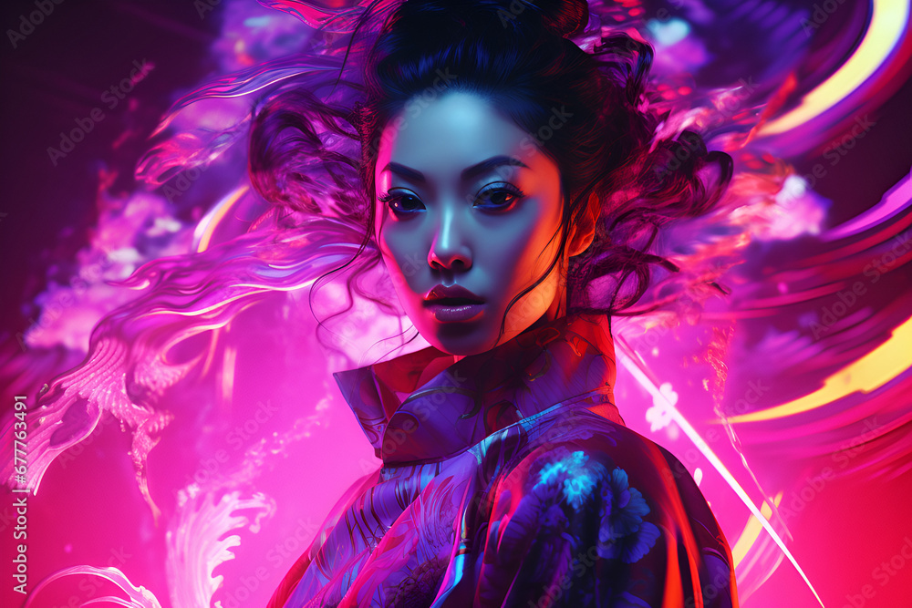 Futuristic Minimal Cyber Neon Portrait: Enthusiastic, beautiful, attractive-looking girl poses in the dark streets of the city, which are illuminated by neon cyber lights. Modern fashion portrait Futuristic Minimal Cyber Neon Portrait: Enthusiastic, beautiful, attractive-looking girl poses in the dark streets of the city, which are illuminated by neon cyber lights. Modern fashion portrait