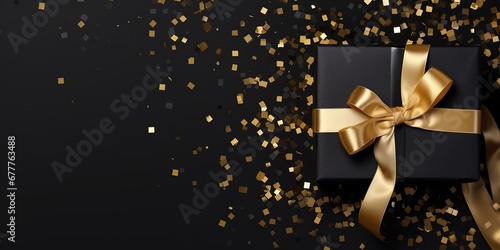 Merry christmas or black friday concept, black gift box with shiny golden ribbon bow isolated on sparkle gold texture background. Generative AI © Nopparat