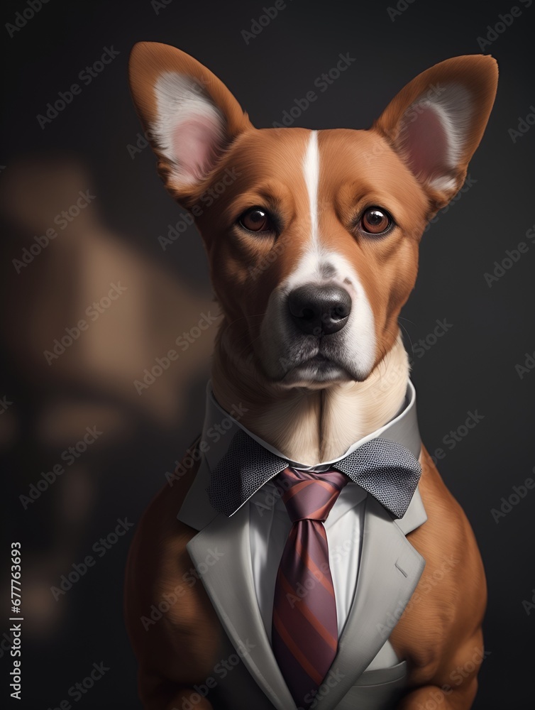 Dog was dressed elegantly in a suit with a good tie. Fashion image of a feline anthropomorphic animal posing with a captivating human demeanor.