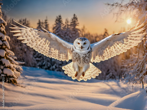 Snowy owl flies over a snow-covered winter landscape