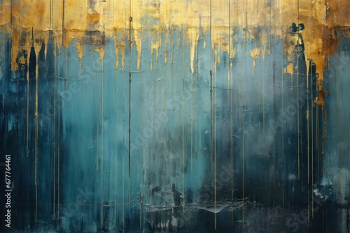 A blue wall abstractly painted with golden elements. Drawing in gold on a blue canvas. Gold paint on a blue wall.