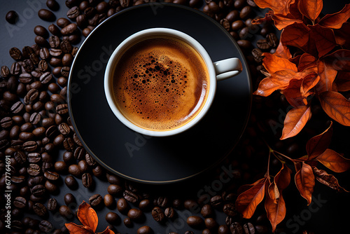 A mug of invigorating black coffee and coffee beans on a dark gray background. Ai