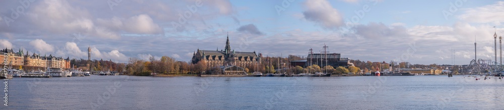 Panorama, the bay Ladugårdslandsviken, the pier Strandvägen and the island Djurgården with museums and amusement parks, an autumn day in Stockholm