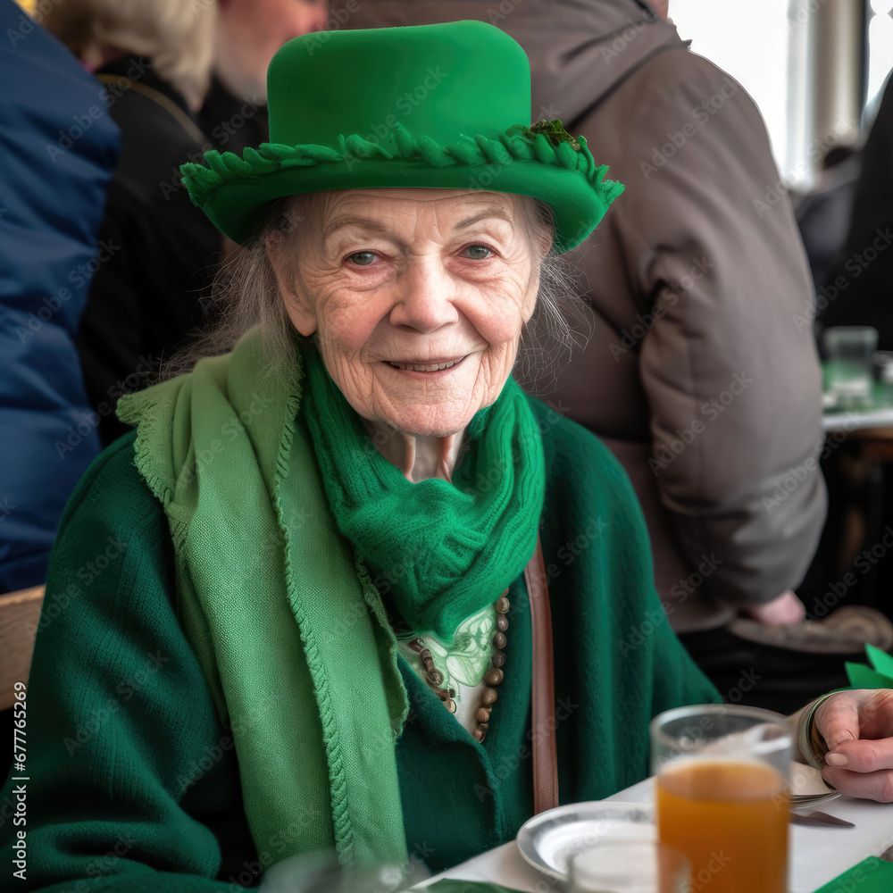 Portrait of an old laday wearing green clothes and green hat on St. Patrick´s Day Portrait of an old laday wearing green clothes and green hat on St. Patrick´s Day