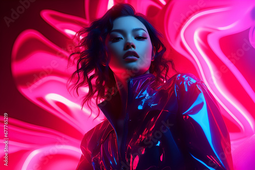 Futuristic Minimal Cyber Neon Portrait: Enthusiastic, beautiful, attractive-looking girl poses in the dark streets of the city, which are illuminated by neon cyber lights. Modern fashion portrait photo