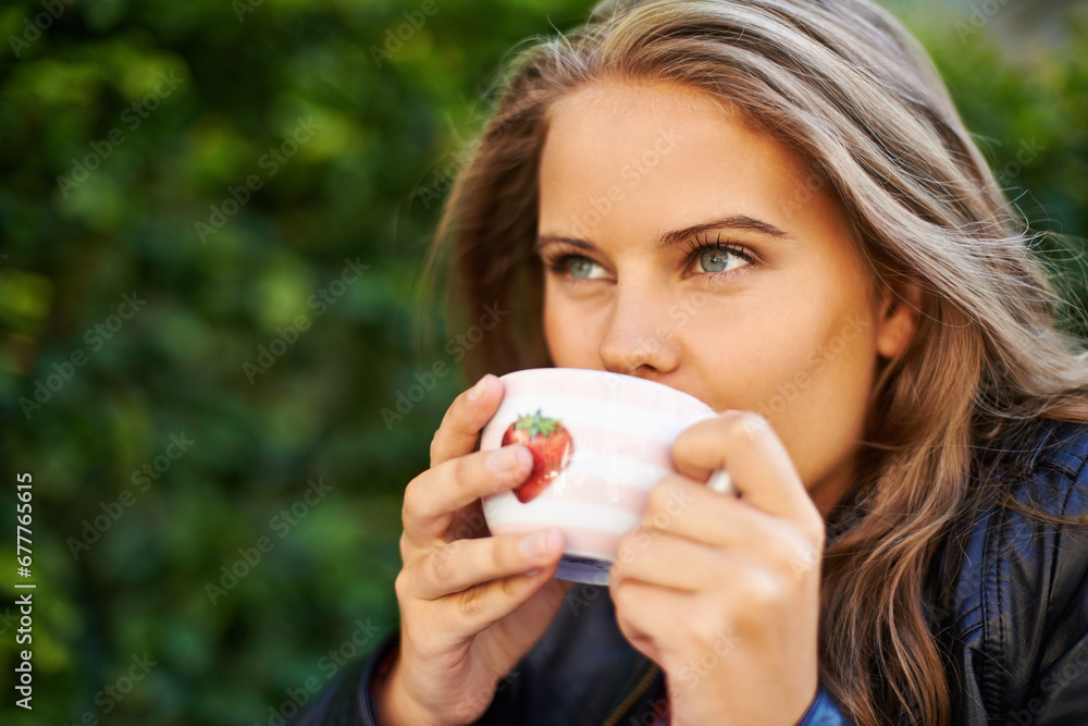 Woman, thinking and relax with coffee in garden to drink, espresso or latte outdoor in morning. Calm, happiness and person with tea, cup and brunch in summer with freedom, peace or planning day Woman, thinking and relax with coffee in garden to drink, espresso or latte outdoor in morning. Calm, happiness and person with tea, cup and brunch in summer with freedom, peace or planning day