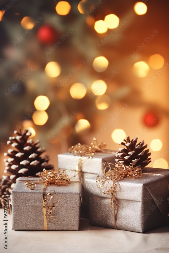 christmas or new year background gift boxes and pine cones and branches christmas or new year background gift boxes and pine cones and branches