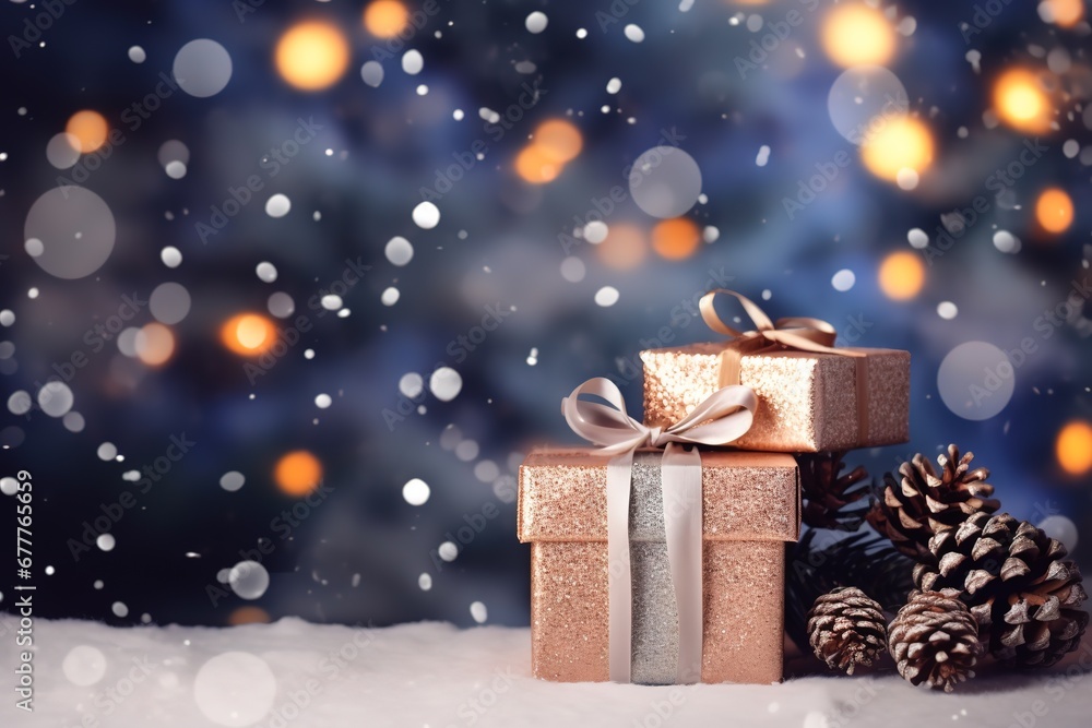 christmas or new year background gift boxes and pine cones and branches christmas or new year background gift boxes and pine cones and branches