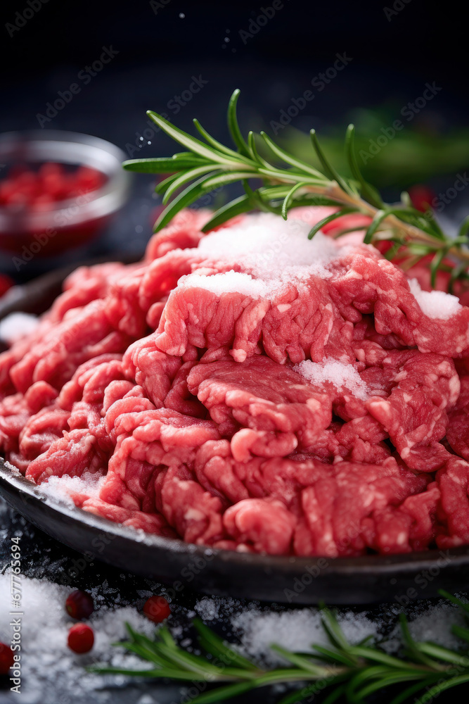 Raw beef or pork minced. Black background. Top view. healthy eating. fresh meat. cooking food