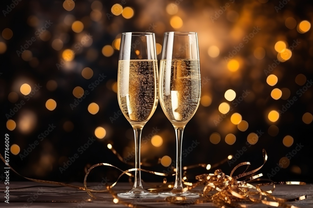 Two glasses of champagne on a New Year's Two glasses of champagne on a New Year's