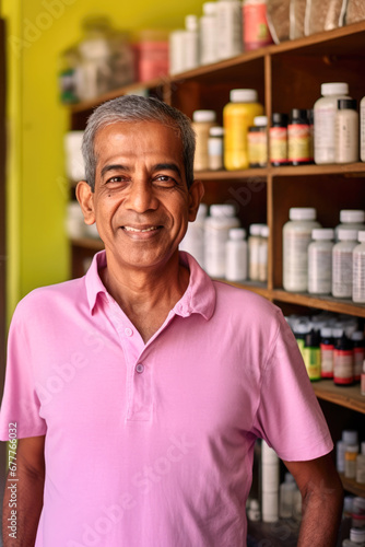 Indian Shop Owner's Smiles of Achievement. His hard work pays off as he proudly opens his store.