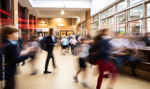 School pupils rushing through the corridors of a modern school, motion blur