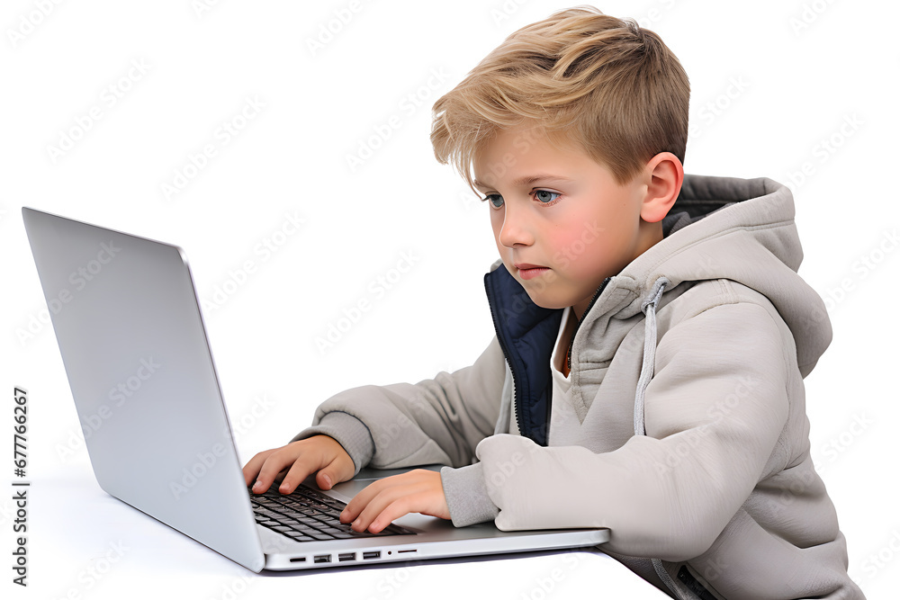 Small kid boy looking at laptop screen isolated on white background. Studying, distance education concept Small kid boy looking at laptop screen isolated on white background. Studying, distance education concept