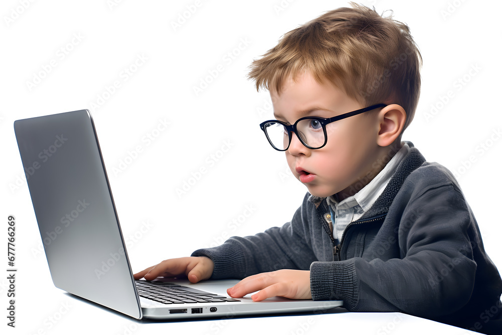 Small kid boy looking at laptop screen isolated on white background. Studying, distance education concept Small kid boy looking at laptop screen isolated on white background. Studying, distance education concept