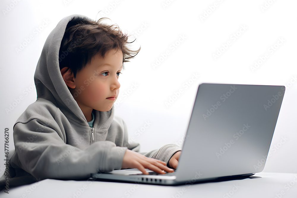 Small kid boy looking at laptop screen isolated on white background. Studying, distance education concept Small kid boy looking at laptop screen isolated on white background. Studying, distance education concept