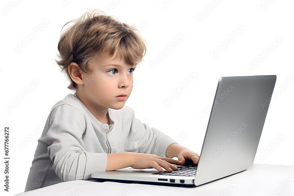 Small kid boy looking at laptop screen isolated on white background. Studying, distance education concept Small kid boy looking at laptop screen isolated on white background. Studying, distance education concept