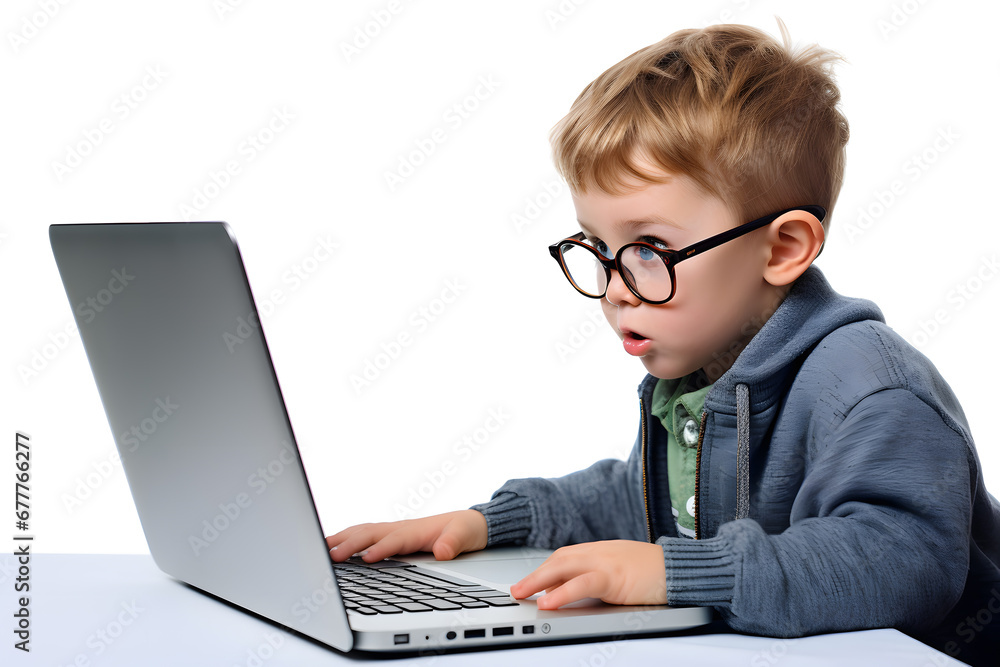 Small kid boy looking at laptop screen isolated on white background. Studying, distance education concept Small kid boy looking at laptop screen isolated on white background. Studying, distance education concept