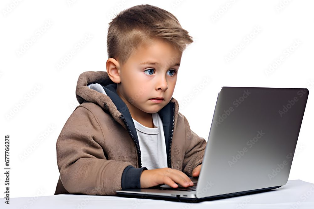 Small kid boy looking at laptop screen isolated on white background. Studying, distance education concept Small kid boy looking at laptop screen isolated on white background. Studying, distance education concept