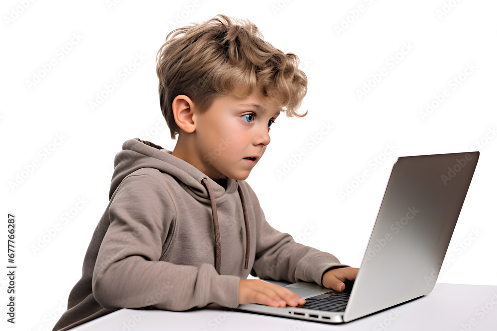 Small kid boy looking at laptop screen isolated on white background. Studying, distance education concept Small kid boy looking at laptop screen isolated on white background. Studying, distance education concept