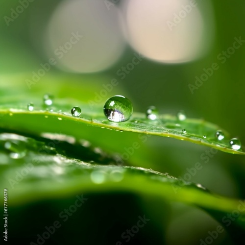 Water drop from green leaf on green bokeh blur background
