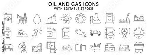 Oil and gas icons. Oil and gas icon set. Oil and gas line icons. Vector illustration. Editable stroke.