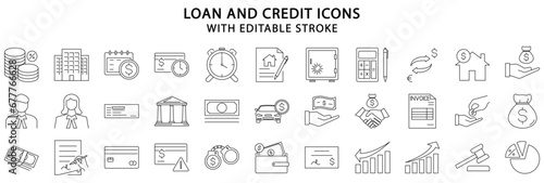 Loan and credit icons. Loan and credit icon set. Loan and credit line icons. Vector illustration. Editable stroke.