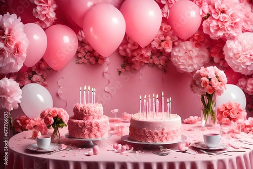 pink wall abstract background decorated with pink cake and multicolor balloons at the pink wall for decoration  balloons celebration decoration with multicolor balloons and cake design 