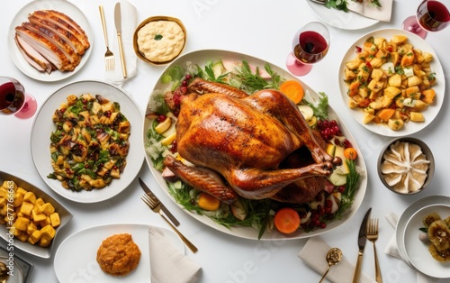 Thanksgiving dinner table with delicious roasted turkey and other dishes