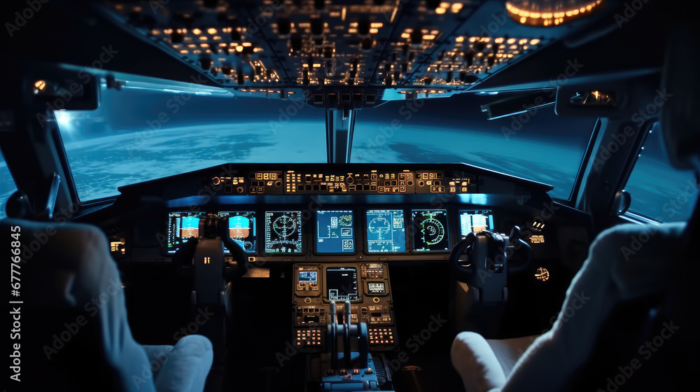 Fototapeta premium Cockpit 2 in Modern airliner.