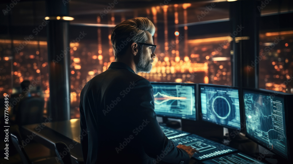 Mature businessman is analyzing data on big computer monitors in Infrastructure Control Room.