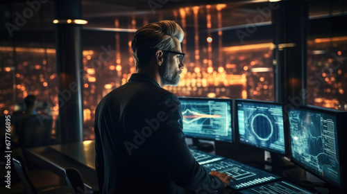 Mature businessman is analyzing data on big computer monitors in Infrastructure Control Room. © visoot