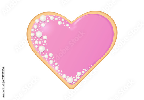 Sweet heart shaped cookie with pink royal icing and white pearl sprinkles. Dessert for birthday, wedding, anniversary, baby shower, valentine's day celebration