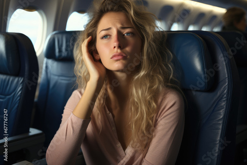 A discomfort woman sitting in economy class airplane, Not happy, Pain. © visoot