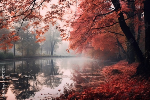 Landscape with lake and orange autumn tree. Atmospheric mood