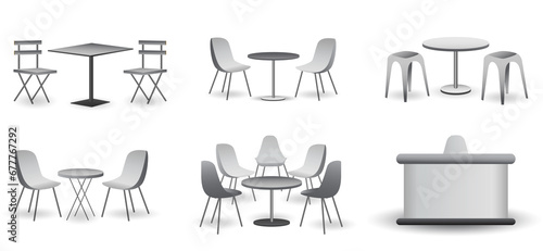 set of realistic trade exhibition chair and table or white blank exhibition kiosk or stand booth corporate commercial. 3D Render