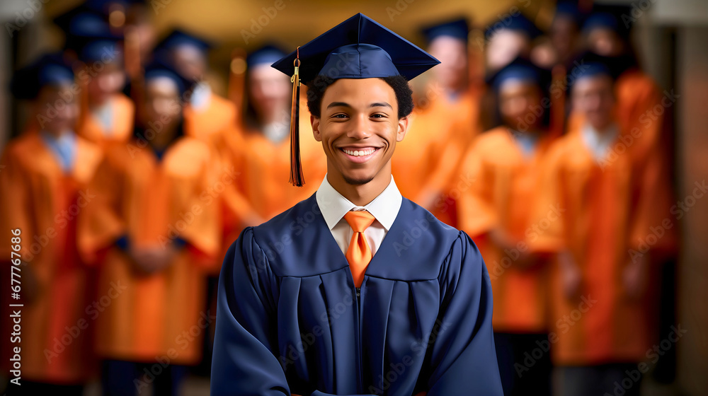 Close up photography of a young African American male teen student graduating from high school, wearing a graduation cap and indigo blue gown. Blurred students in the background Close up photography of a young African American male teen student graduating from high school, wearing a graduation cap and indigo blue gown. Blurred students in the background