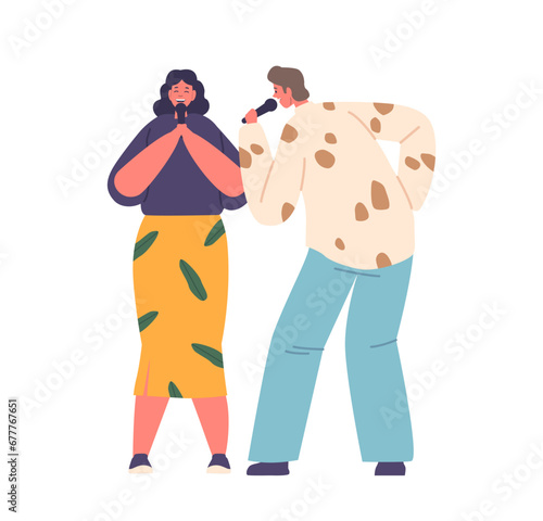 Man And A Woman Passionately Sing Karaoke, Their Voices Harmonizing, Creating A Lively And Memorable Musical Moment