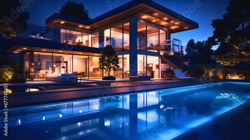Expensive luxurious villa apartment photography at night, with swimming pool and the patio © Nemanja