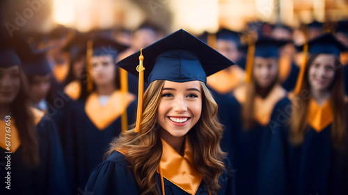Close up photography of a pretty young female student with blonde hair smiling, graduating from high school, wearing a graduation cap and gown. Blurred joyful students in the background