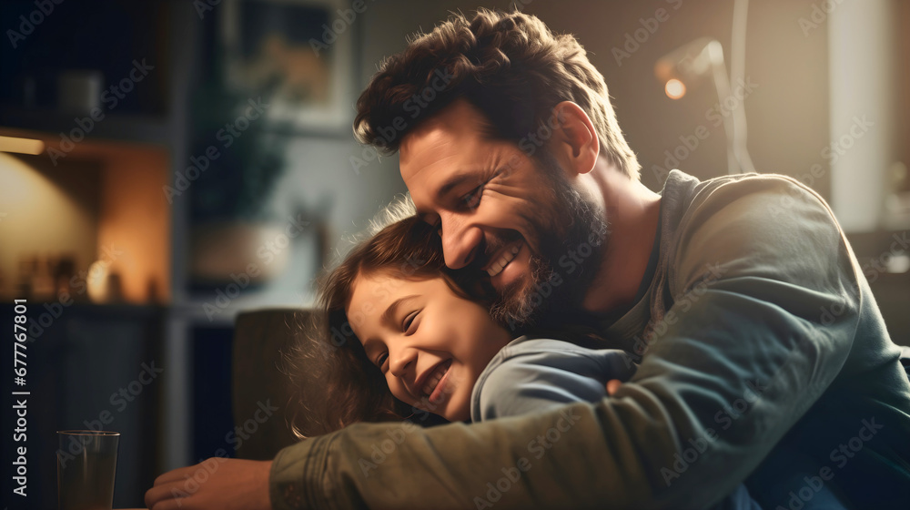 Close up, side photography of a middle-aged father with the beard hugging his young daughter. Happy family portrait. Blurred room background Close up, side photography of a middle-aged father with the beard hugging his young daughter. Happy family portrait. Blurred room background