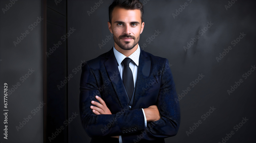 Close up photography of a handsome young businessman wearing indigo blue suit, with white shirt. Smiling and looking at the camera. Gray wall studio background Close up photography of a handsome young businessman wearing indigo blue suit, with white shirt. Smiling and looking at the camera. Gray wall studio background
