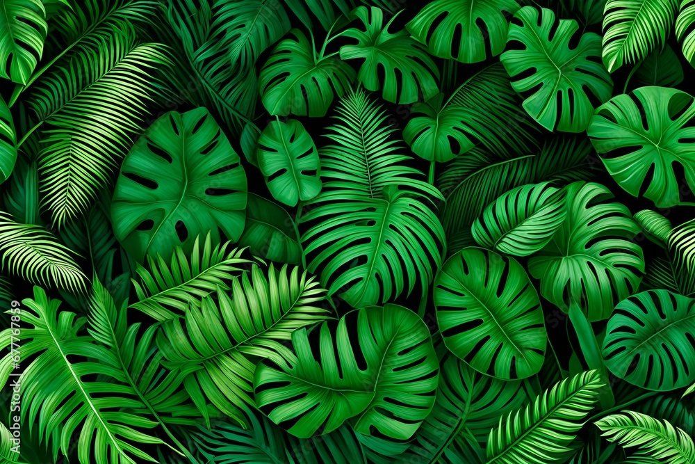 Concept of nature. A lush tapestry of verdant foliage creates a breathtaking panorama, weaving together monstera, palm, coconut Concept of nature. A lush tapestry of verdant foliage creates a breathtaking panorama, weaving together monstera, palm, coconut
