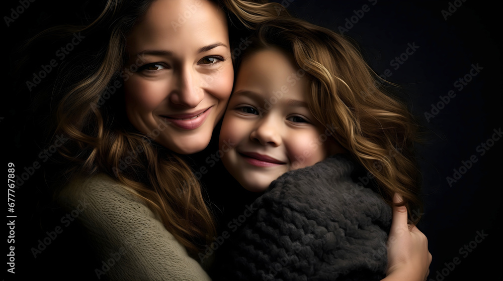 Close up photography of a mother and her beautiful young daughter hugging and smiling at the camera. Happy family portrait. Dark black background Close up photography of a mother and her beautiful young daughter hugging and smiling at the camera. Happy family portrait. Dark black background