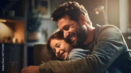 Close up, side photography of a middle-aged father with the beard hugging his young daughter. Happy family portrait. Blurred room background