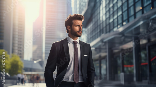 Handsome young businessman with trimmed beard wearing black suit and white shirt, walking through the city with a determined look on his face.Glass office building and people blurred in the background