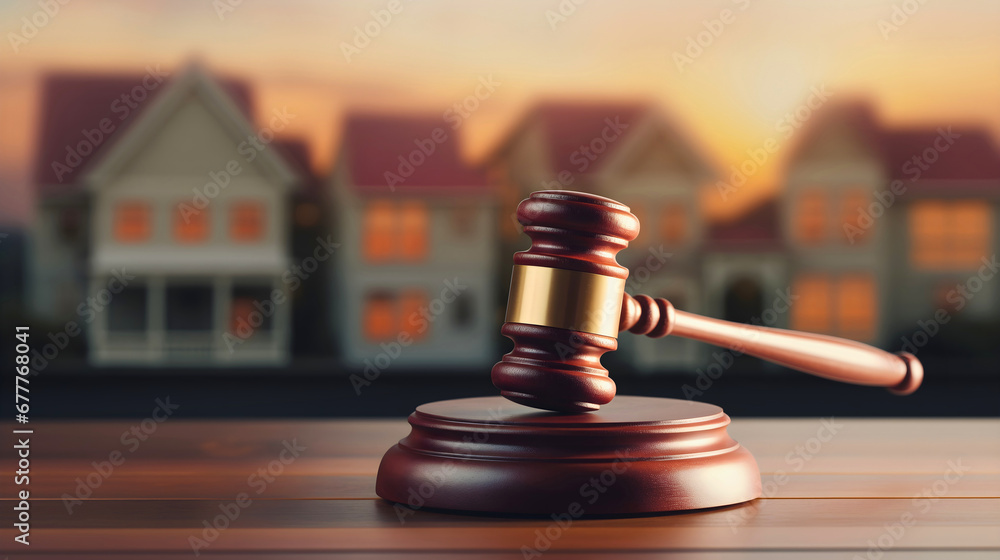 Close up photography of Judge's gavel on wooden table, with small house models blurred in the background