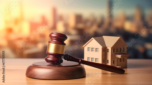 Close up photography of Judge's gavel on wooden table, with small house model next to it. Blurred city buildings in the background. Justice concept.
